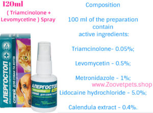 Triamcinolone Levomycetin spray dogs cats dermatitis otitis allergic inflammatory veterinary medicine
