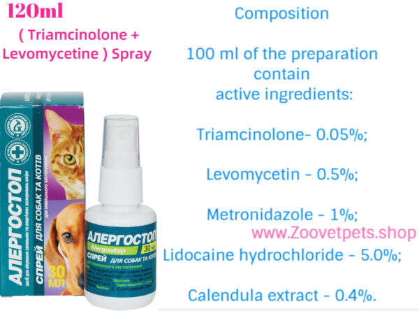 Triamcinolone Levomycetin spray dogs cats dermatitis otitis allergic inflammatory veterinary medicine