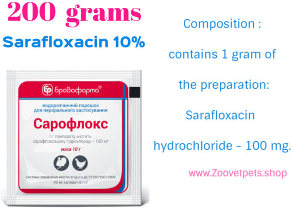 Sarafloxacin 10% poultry treatment chickens broilers young chickens turkeys colibacillosis salmonellosis necrotic enteritis septicemia staphylococcosis streptococcosis mycoplasmosis hemophilosis pasteurellosis respiratory diseases gastrointestinal infections urinary tract infections bronchitis gastrophilosis cloacitis pneumonia rhinitis sepsis SaraFlox analog Sarafin analog veterinary medicine