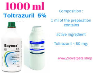 Toltrazuril 5%
coccidiosis treatment
Eimeria
Carpelli
cattle
pigs
lambs
calves
rabbits
dogs
Baycox analog
veterinary medicine