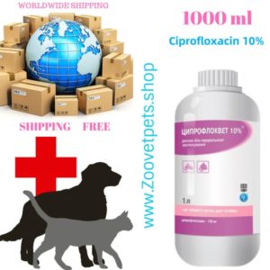 1000 ml ( Ciprofloxacin 10% ) for calves, lambs, goats, pigs, poultry, dogs, cats in diseases of the respiratory tract, digestive tract, genitourinary system