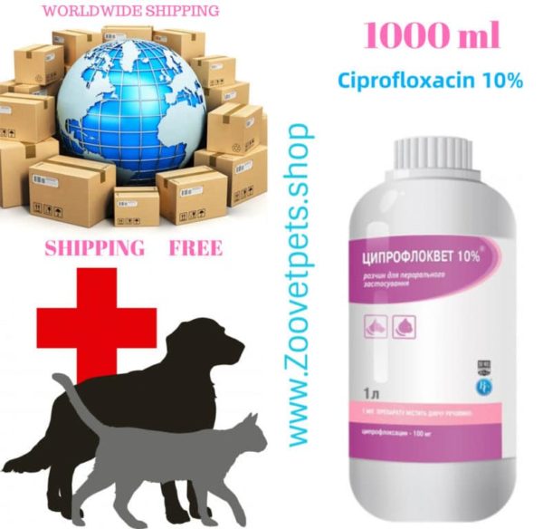 1000 ml ( Ciprofloxacin 10% ) for calves, lambs, goats, pigs, poultry, dogs, cats in diseases of the respiratory tract, digestive tract, genitourinary system