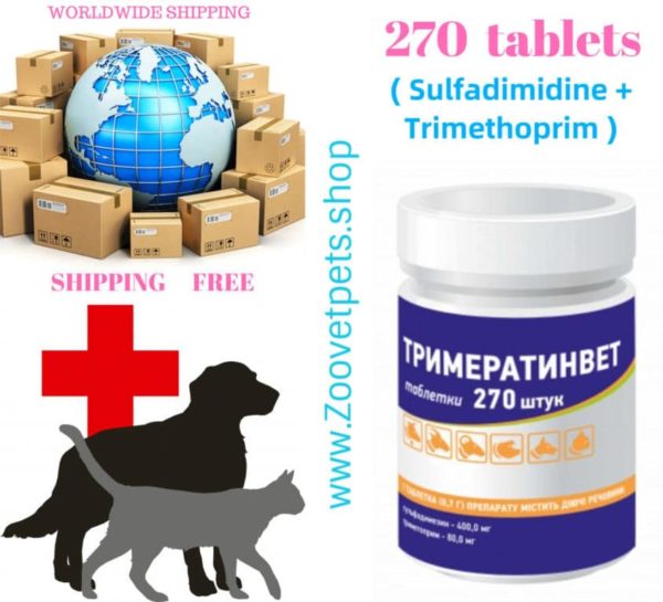 270 tablets ( Sulfadimidine + Trimethoprim ) in cattle, sheep, goats, pigs, dogs, cats and poultry for diseases of digestive tract, respiratory and urogenital system analogue Tribrissen®, Di-Trim®