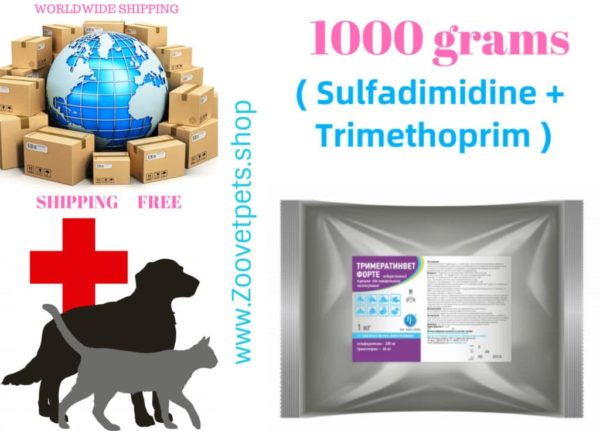 1000 grams ( Sulfadimidine + Trimethoprim ) in cattle, sheep, goats, pigs, dogs, cats and poultry for diseases of the digestive tract, respiratory and urogenital systems analogue Uniprim™, Tucoprim®