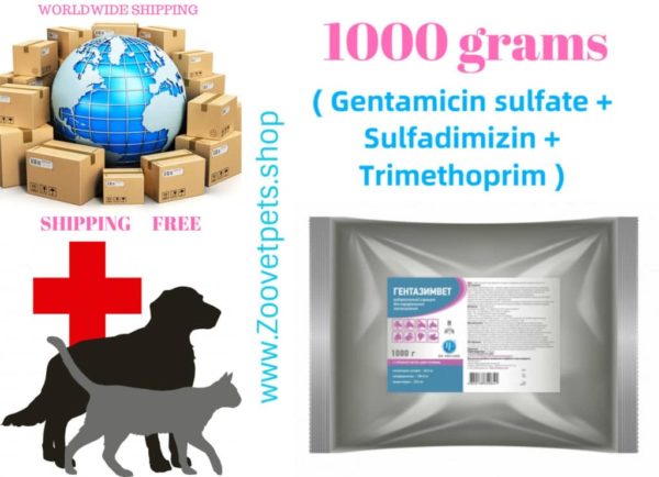 1000 grams ( Gentamicin sulfate + Sulfadimizin + Trimethoprim ) Calves, lambs, goats sick for pasteurellosis, mycoplasmosis, dysentery, salmonellosis, bronchopneumonia caused by microorganisms