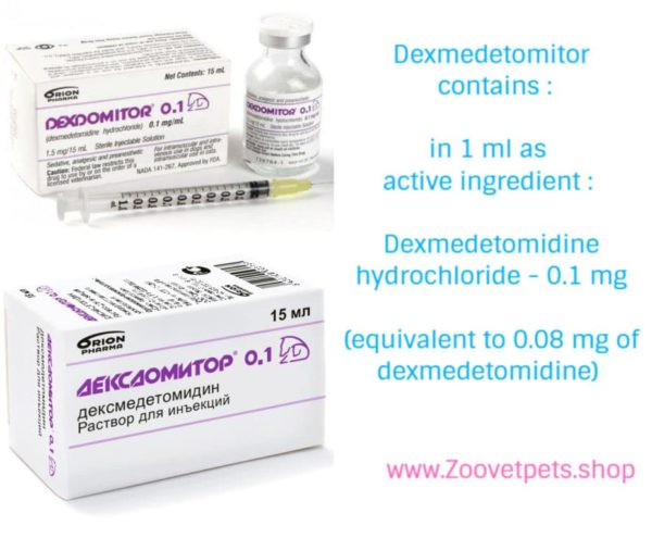 15ml ( Dexmedetomidine hydrochloride 0,1mg ) for sedation and analgesia in dogs and cats during surgical operations, various clinical studies, as well as to prevent animal aggression Dexdomitor®