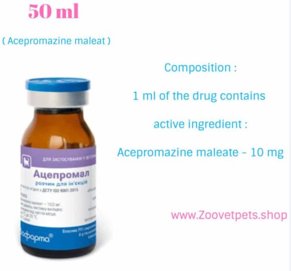 50 ml ( Acepromazine maleat ) is used for horses, dogs, cats for premedication before surgery, to relieve pain, calm aggressive animals before examination and transportation of an analogue PromAce®